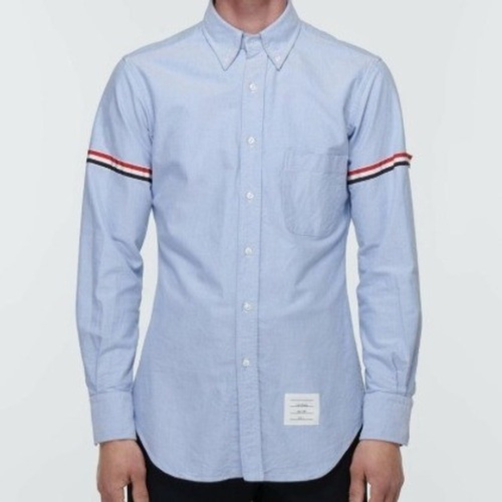 Men's Thom Browne Light Blue Oxford Shirt RWB Grosgrain Armbands Size 1 NEW